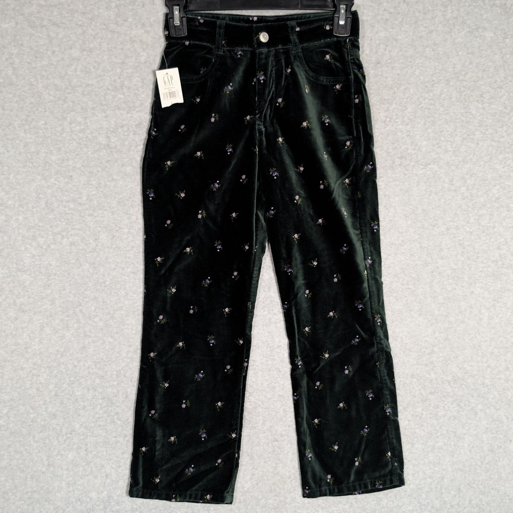 GAP Velvet Pants Kids Size 7 Dark Green Ditsy Floral Straight Leg Fall Fashion